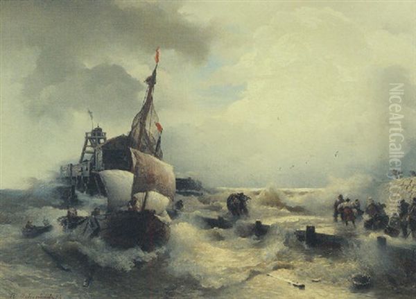 Anlandende Fischer Vor Kaianlage Mit Leuchtturm. Sturmische See Oil Painting by Andreas Achenbach