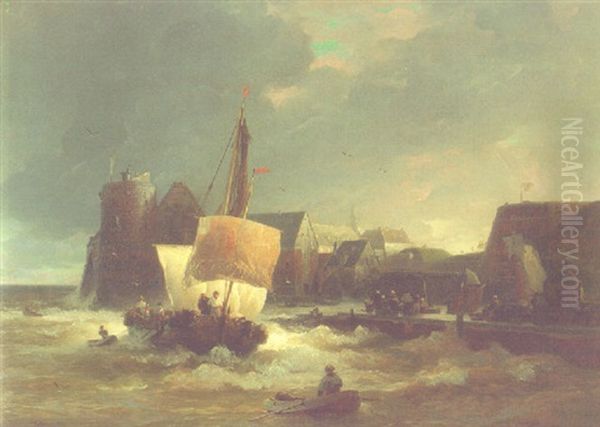 Schiff In Sturmischer See Vor Einem Hafen Oil Painting by Andreas Achenbach