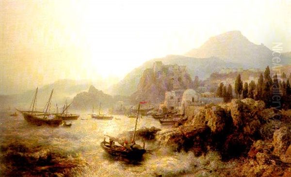 Vessels Off A Coast (the Levantine Coast?) At Sunset Oil Painting by Andreas Achenbach