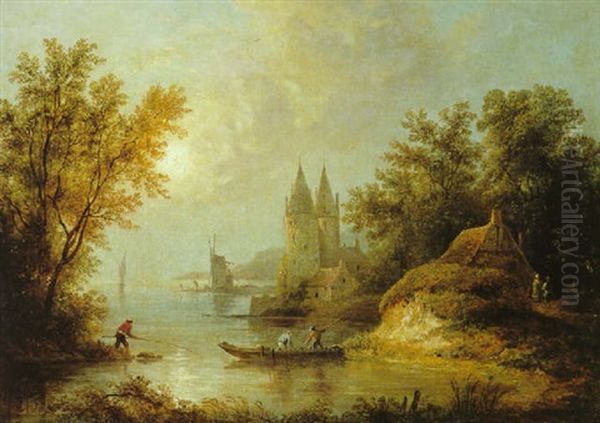 Abendliche Flusslandschaft Mit Einem Fischerboot Oil Painting by Andreas Achenbach