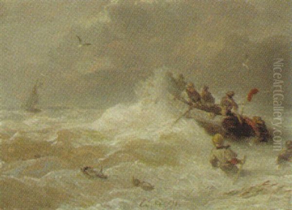 Sturm An Der Kuste Mit Auslaufendem Rettungsboot Oil Painting by Andreas Achenbach