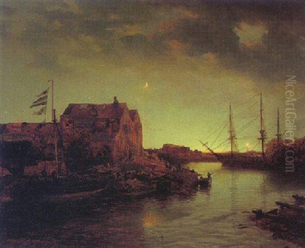 Hollandischer Hafen Bei Nacht Oil Painting by Andreas Achenbach