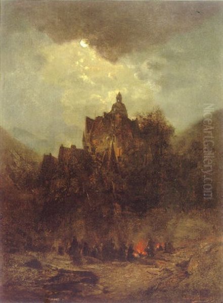 Lagerfeuer Unterhalb Einer Burg Bei Mondschein Oil Painting by Andreas Achenbach