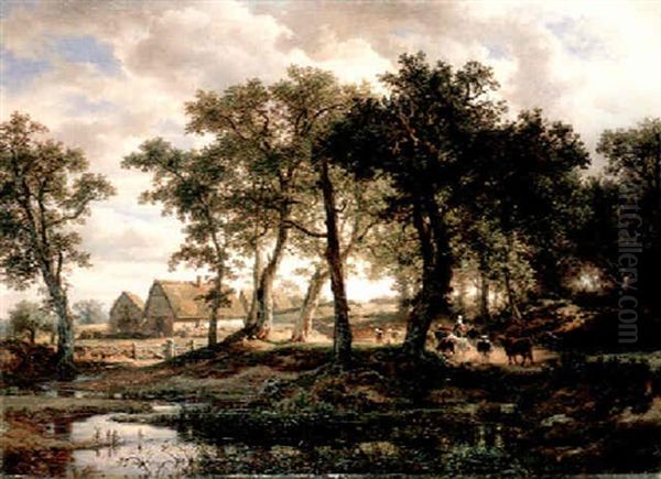 Bewaldete Landschaft Mit Bauernhaus Und Viehherde Oil Painting by Andreas Achenbach