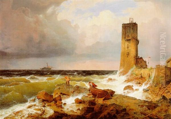 Grosse Marine Mit Leuchtturm Oil Painting by Andreas Achenbach