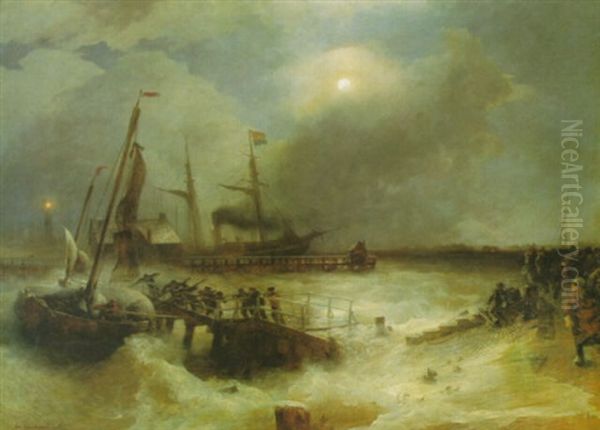 Mondnacht An Der Hollandischen Kuste Oil Painting by Andreas Achenbach