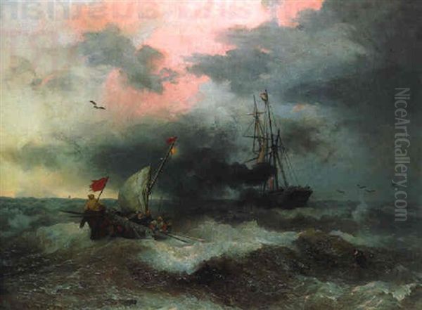 Ein Dampffrachter Mit Segelleistung Und Entgegenkommendem Lotsen In Der Abendsonne Vor Der Hollandischen Kuste Oil Painting by Andreas Achenbach