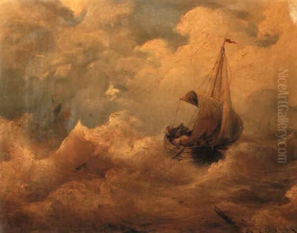 A Fishing Boat In Rough Sea Oil Painting by Andreas Achenbach