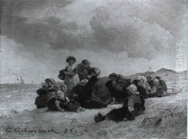 Fischerfrauen Mit Ihren Kindern Am Strand Oil Painting by Andreas Achenbach