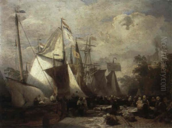 Hollandischer Hafen Mit Fischern Oil Painting by Andreas Achenbach