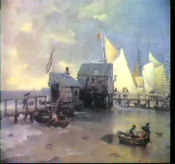 Fischerboot An Der Mole Eines Nordseehafens Oil Painting by Andreas Achenbach