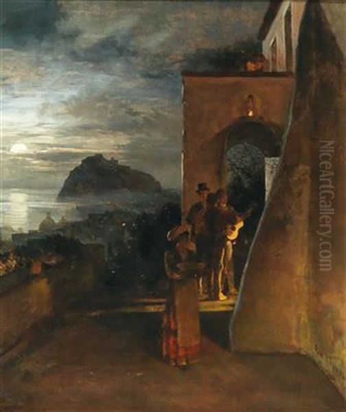 Evening Serenade On Ischia, Castello Aragonese In The Background Oil Painting by Oswald Achenbach