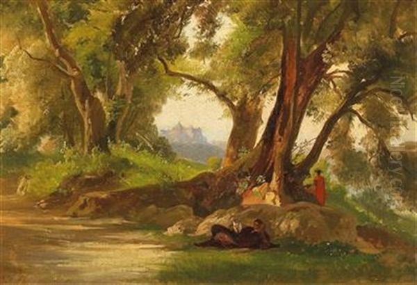 Figures Resting In A Forest Glade, Castel Gandalfo In The Background Oil Painting by Oswald Achenbach