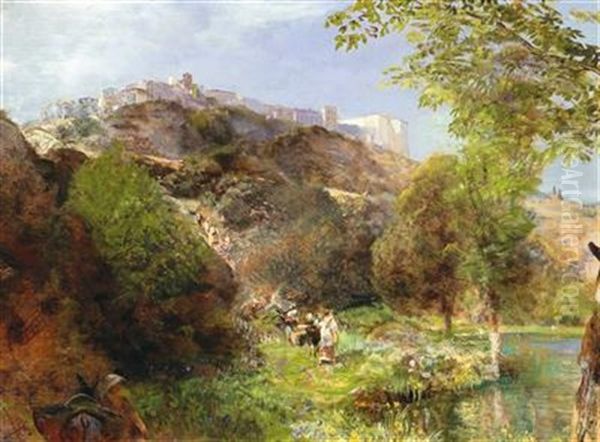 View From The Pontine Marshes To The Castello Caetani In Sermoneta Oil Painting by Oswald Achenbach