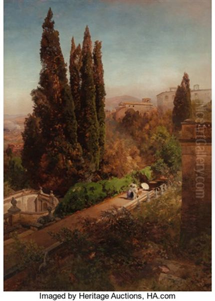 View From High In The Gardens Of Villa Torlonia, Frascati, Rome Oil Painting by Oswald Achenbach