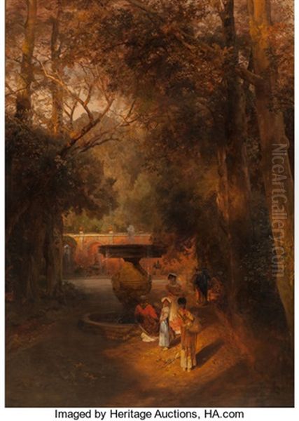 Gardens And Fountain Of The Villa Torlonia, Frascati, Rome Oil Painting by Oswald Achenbach