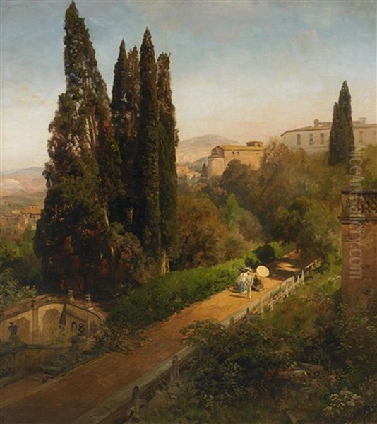 Malerin Unter Zypressen Im Park Der Villa D'este Bei Rom Oil Painting by Oswald Achenbach