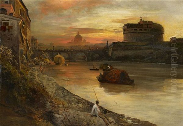 View Of Rome With The Castel Sant'angelo And A Fisher On The Banks Of The Tiber Oil Painting by Oswald Achenbach