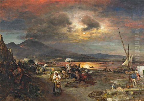 Nachtlicher Markt Am Strand Vor Neapel by Oswald Achenbach