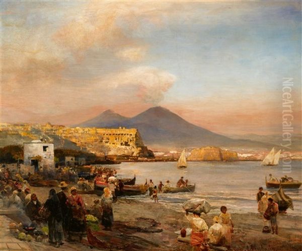 View Of Naples With Mount Vesuvius Oil Painting by Oswald Achenbach