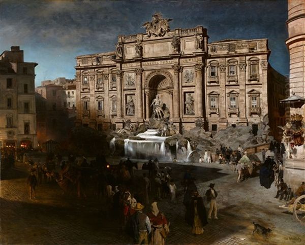 The Fontana Di Trevi By Night Oil Painting by Oswald Achenbach