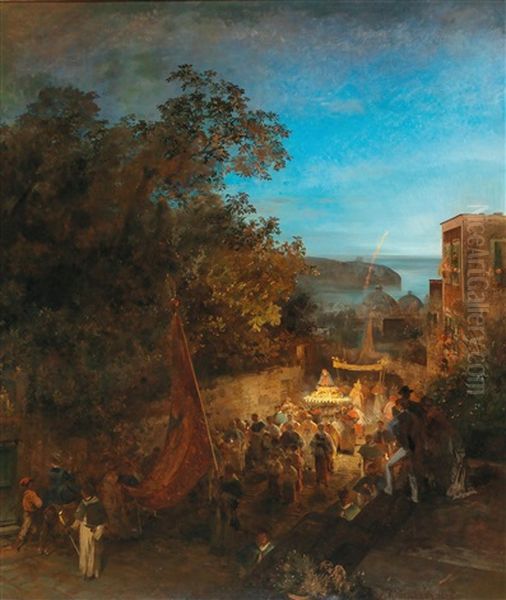 Ischia - Feast Of St Anne Oil Painting by Oswald Achenbach