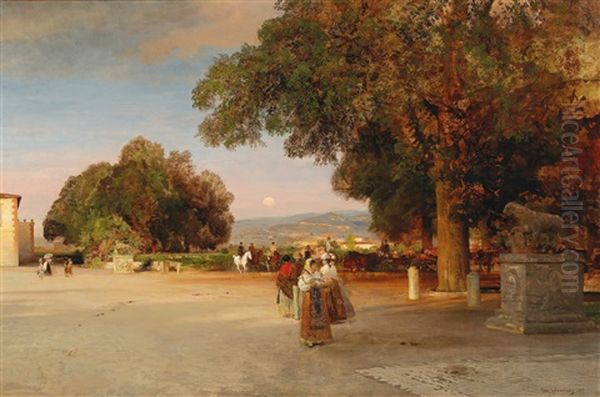 Scene At Dusk On The Terrace Of A Roman Villa Oil Painting by Oswald Achenbach