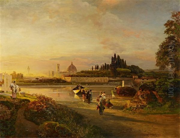 Abendstimmung Am Arno In Florenz Oil Painting by Oswald Achenbach