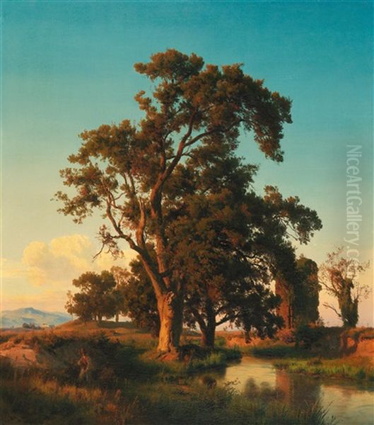 A Majestic Tree In The Evening Light Oil Painting by Oswald Achenbach