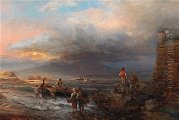 The Bay Of Naples With Vesuvius In The Background Oil Painting by Oswald Achenbach