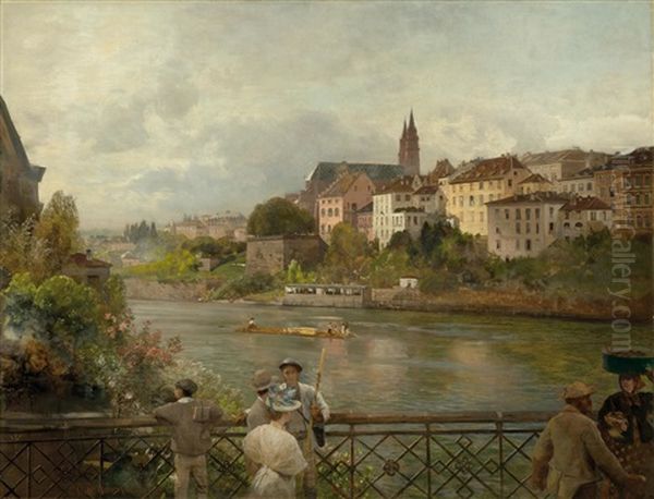 View From The Middle Bridge On The Rhine Towards Basel Cathedral Oil Painting by Oswald Achenbach