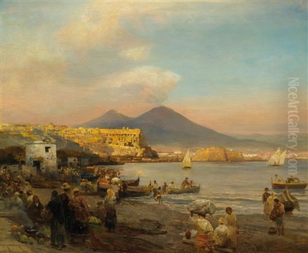 View Of The Bay Of Naples With Vesuvius At Sunset Oil Painting by Oswald Achenbach