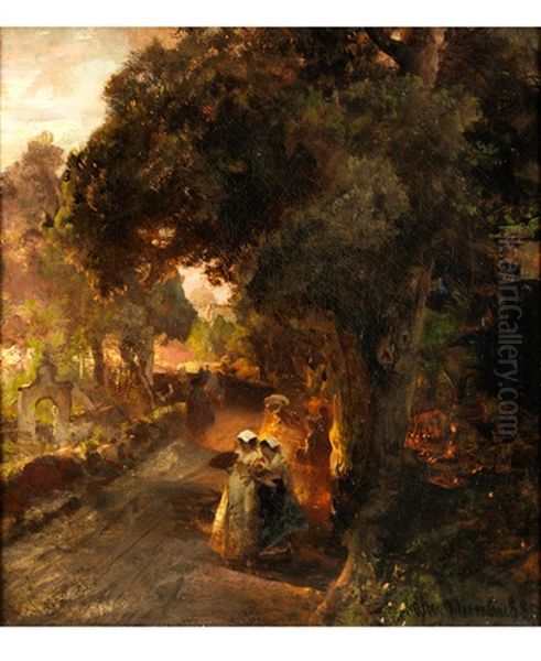 Im Park Der Villa Medici Im Abendlicht Oil Painting by Oswald Achenbach