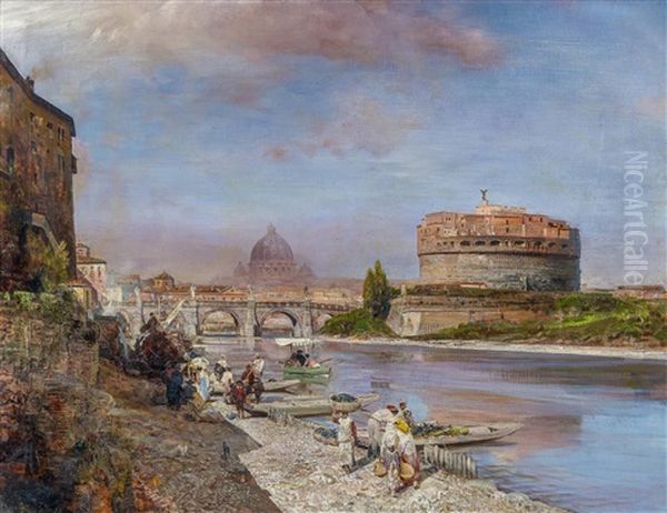 Am Ufer Des Tiber In Rom. Blick Auf Die Engelsburg Und Die Kuppel Des Vatikans Oil Painting by Oswald Achenbach