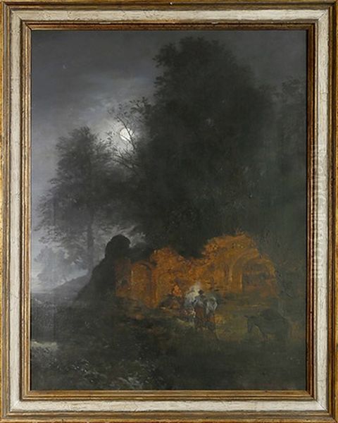 Grotte Italienne Au Clair De Lune Oil Painting by Oswald Achenbach