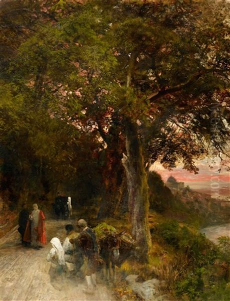 The Pope Walking By Castel Gandolfo Oil Painting by Oswald Achenbach