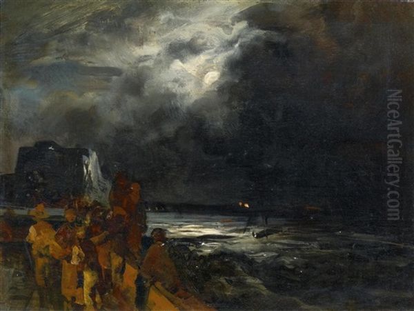 Fischer Am Nachtlichen Strand Bei Neapel Oil Painting by Oswald Achenbach