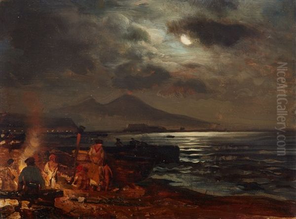 View Of The Bay Of Naples With Mount Vesuvius By Night Oil Painting by Oswald Achenbach