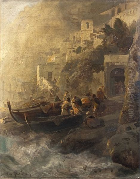 Fishermen On The Amalfi Coast Oil Painting by Oswald Achenbach