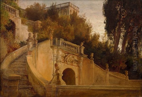 Brunnenanlage In Der Villa D'este In Tivoli Oil Painting by Oswald Achenbach