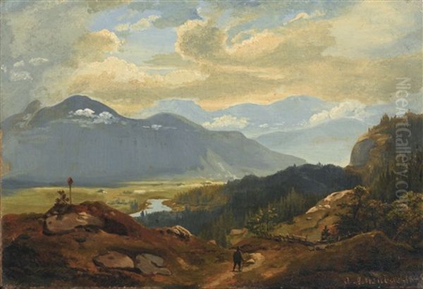 Alpine Valley With River Oil Painting by Oswald Achenbach