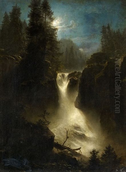 Moonlit Alpine Landscape Oil Painting by Oswald Achenbach