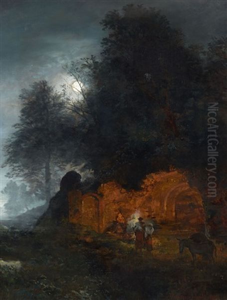 Italian Twilight Landscape With A Grotto Oil Painting by Oswald Achenbach