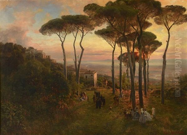 Coucher De Soleil En Toscane Anime De Nombreux Personnages Oil Painting by Oswald Achenbach