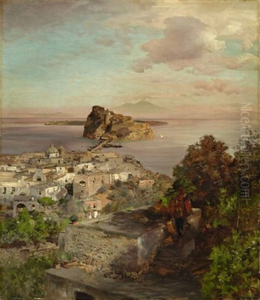 View Over Sant'angelo (ischia) To The Castello Aragonese, In The Background Mount Vesuvius Oil Painting by Oswald Achenbach