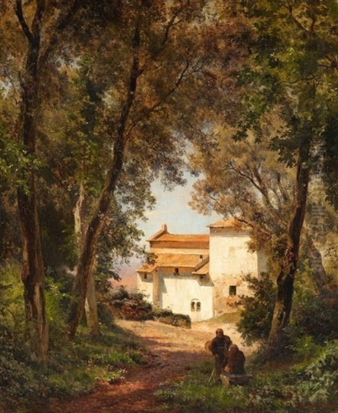 Wooded Landscape With A Monastery Oil Painting by Oswald Achenbach