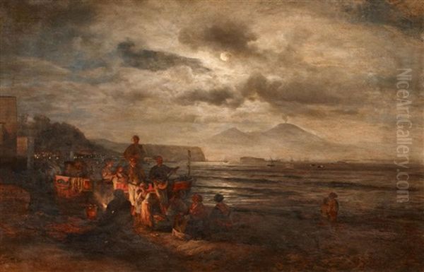 Fischer Am Nachtlichen Strandfeuer Im Golf Von Neapel Oil Painting by Oswald Achenbach