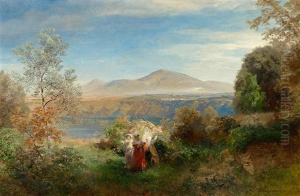 Frauen In Sudlicher Tracht In Einer Landschaft by Oswald Achenbach