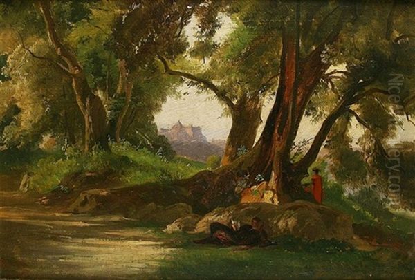 Rastender In Romantischer Landschaft Oil Painting by Oswald Achenbach