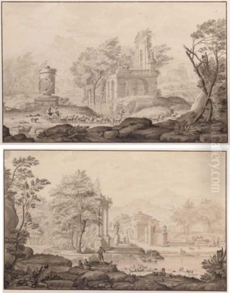 A Pair Of Pastoral Landscapes, With Herders By Riverside Ruins Oil Painting by Nicolaes Matthijsz. Aartman